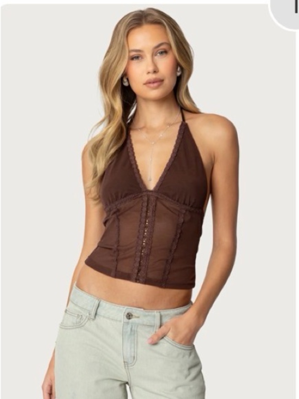 Edikted Brown Lace-Trim Halter Cami Top